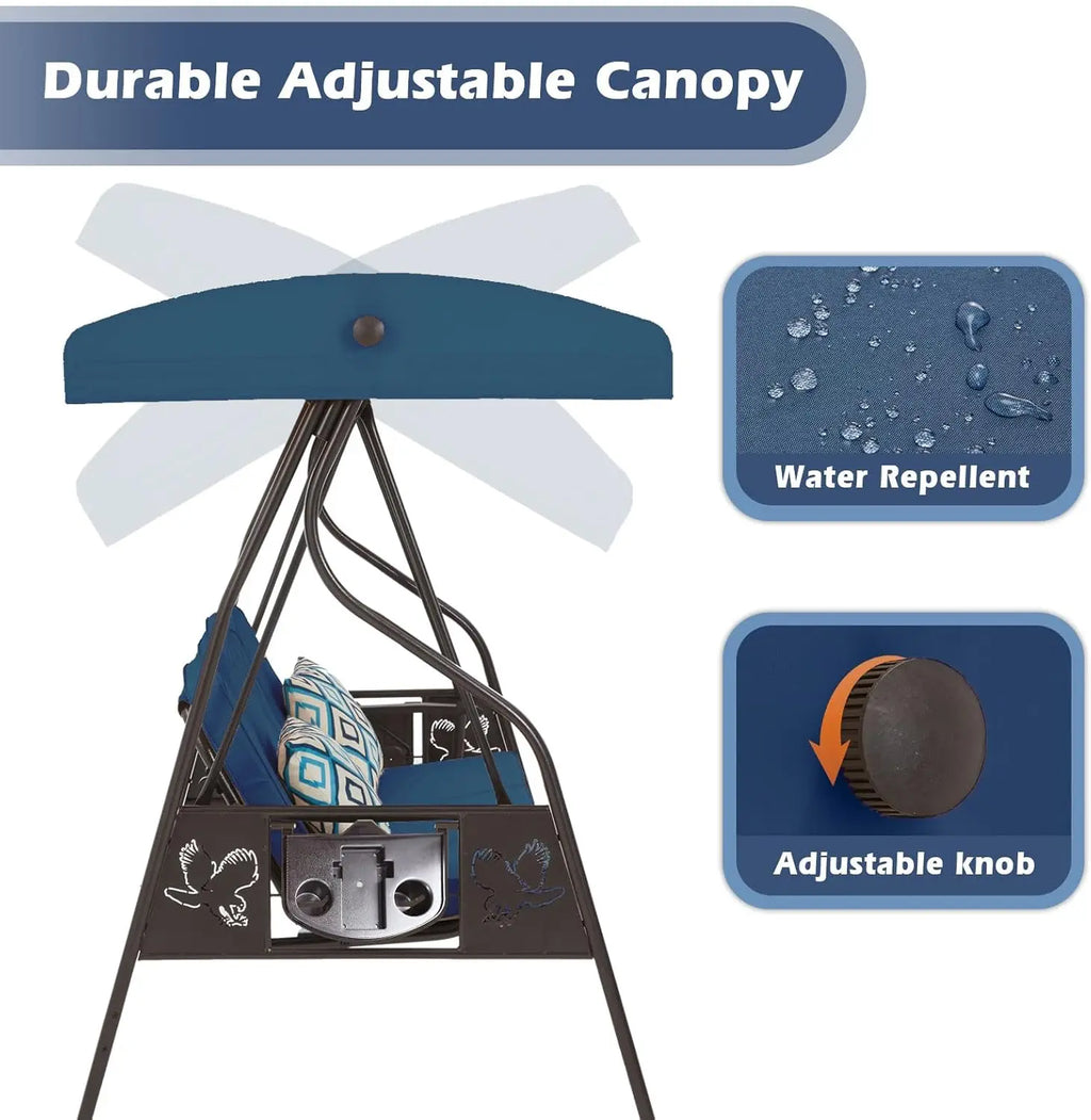 Outdoor Porch and Yard Use, Metal Frame, Blue 3-Seat Swing with Canopy, Extra Pillows and Cup Holder