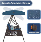 Outdoor Porch and Yard Use, Metal Frame, Blue 3-Seat Swing with Canopy, Extra Pillows and Cup Holder