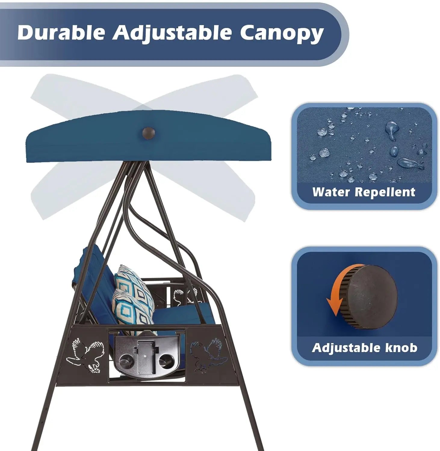 Outdoor Porch and Yard Use, Metal Frame, Blue 3-Seat Swing with Canopy, Extra Pillows and Cup Holder