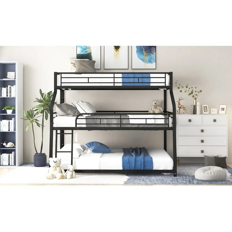 Black Twin XL Full XL Queen Triple Bunk Bed with Long Short Ladder and Full Guardrails