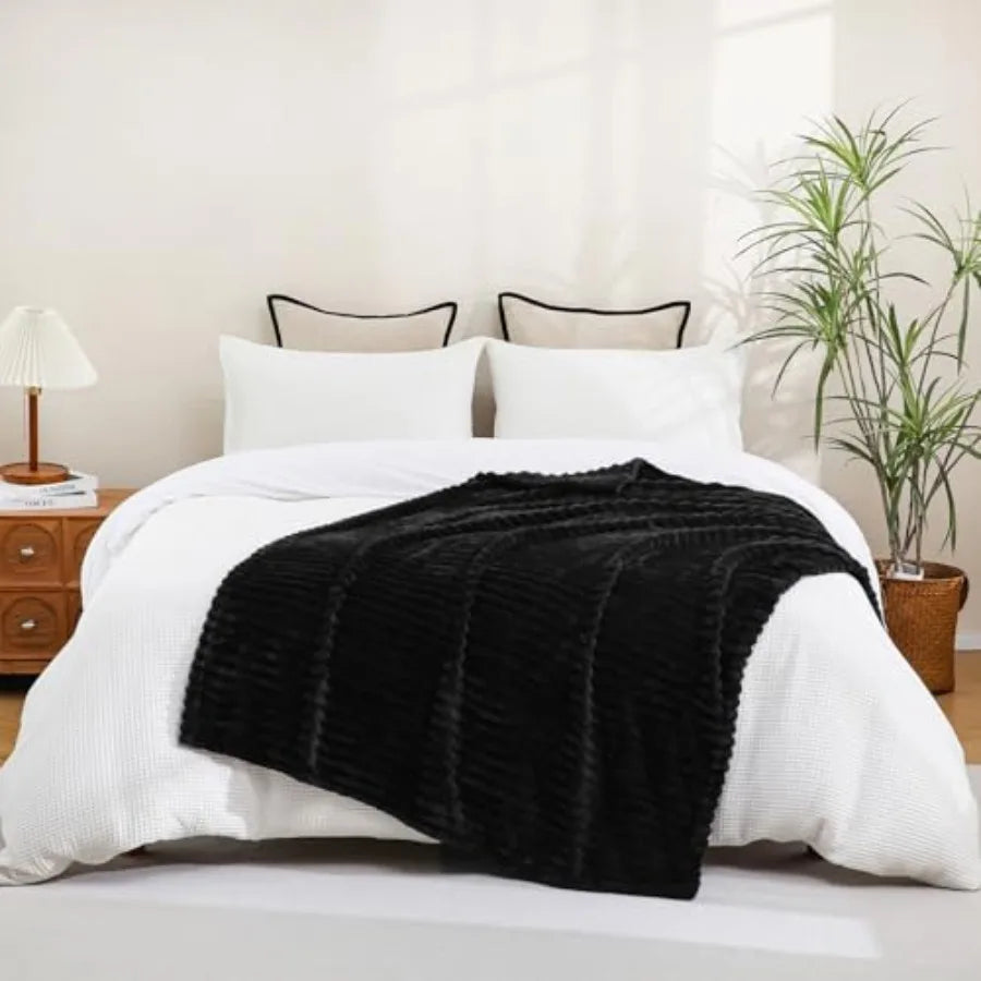 Black Fleece Throw Blanket 50"×60" for Couch Sofa Bed, Super Soft Cozy Plush Microfiber Flannel Blanket with Stripes Design Lig