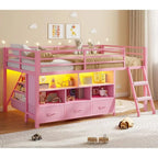 Twin Size Low Loft Bed with 3 Drawers, 3-Tier Bookshelf, 5 Storage Cubbies, 2 LED Lights, Metal Frame with Safety Rail, Inclined