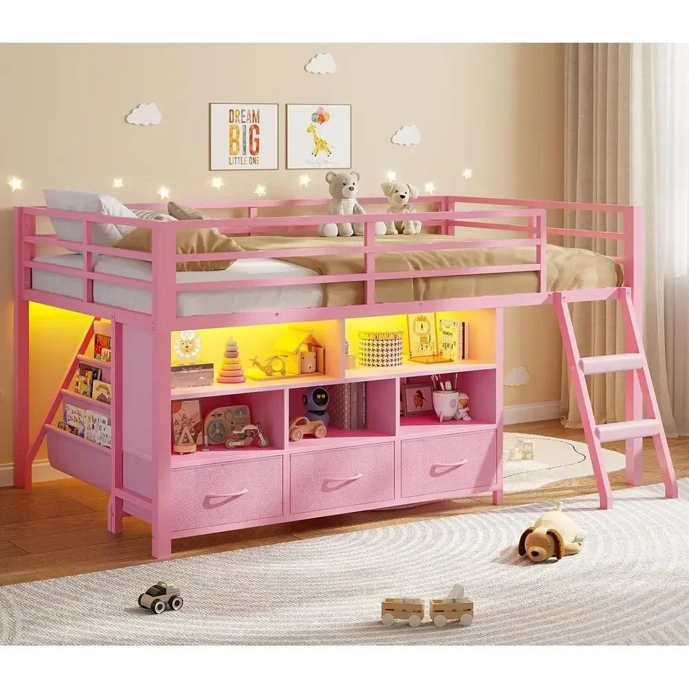Twin Size Low Loft Bed with 3 Drawers, 3-Tier Bookshelf, 5 Storage Cubbies, 2 LED Lights, Metal Frame with Safety Rail, Inclined