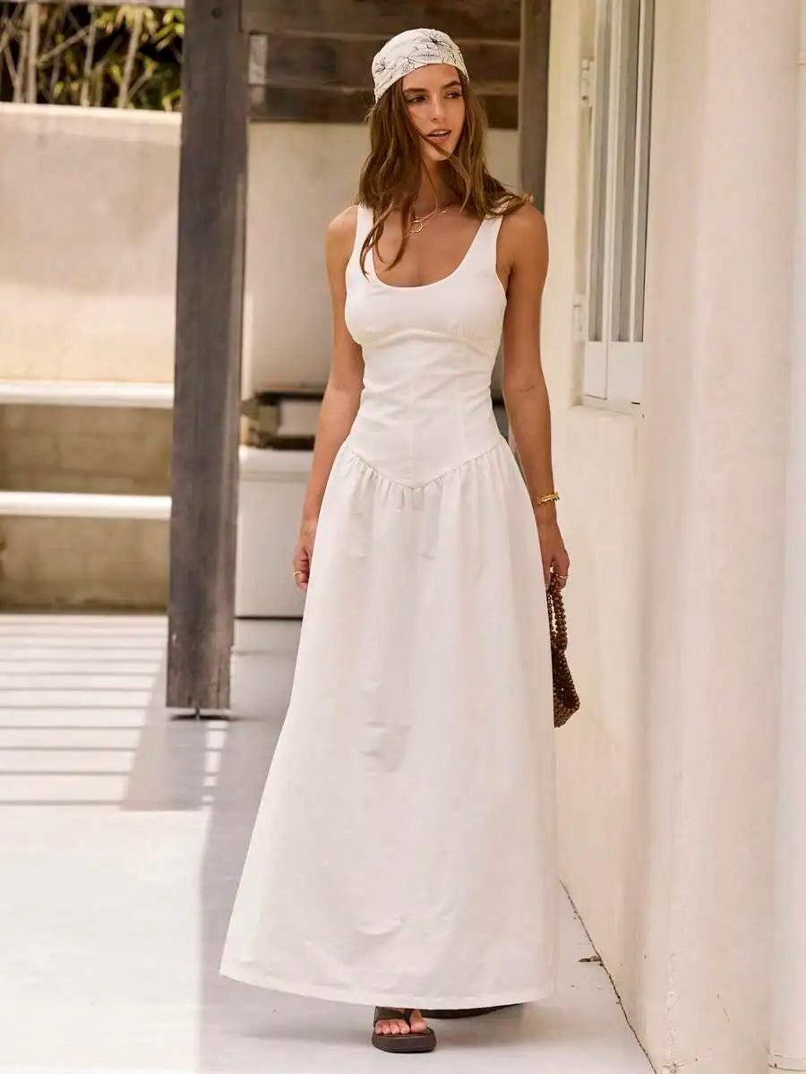 Scoop Neck Corset Style Maxi Dress Fit And Flare Flowy Beach Dress Summer White