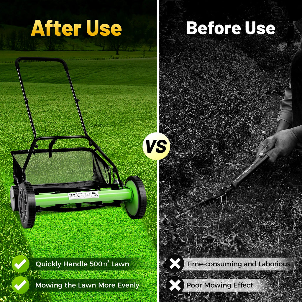 20 Inch 5-Blade Push Reel Lawn Mower with Grass Catcher Manual Push Mower with Adjustable Cutting Height 2.5 Inch Max, 4 Wheels Reel Mower for Small Area Yards (20 Inch)
