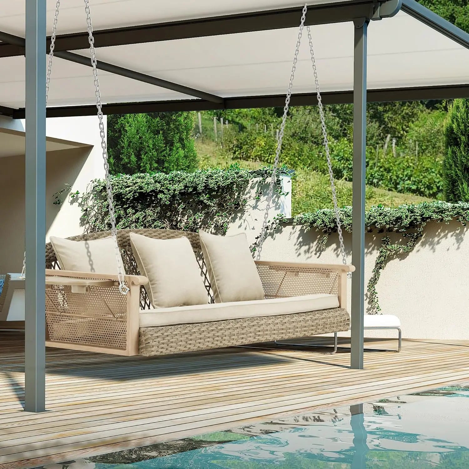 Deck Garden Backyard Porch Swing, 3-Person Wicker, Beige, Upgraded Cup Holder, 900lbs Capacity Chains