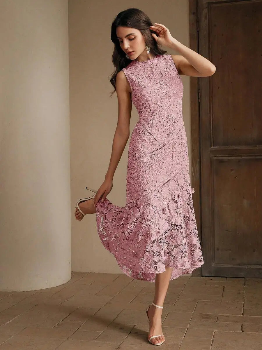 Womens Elegant Round Neck Lace Hollow-Out Patchwork Midi Dress Spring Summer