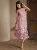 Womens Elegant Round Neck Lace Hollow-Out Patchwork Midi Dress Spring Summer