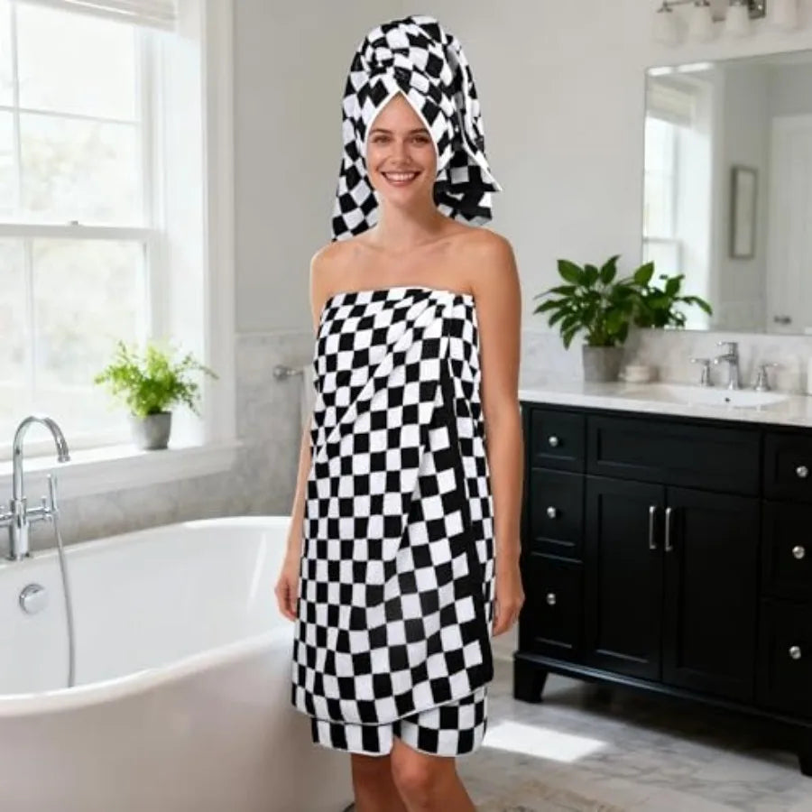 and White Towels Set of 8, Cute Checkered Towels for Bathroom Decor, 2 Bath, 2 Hand, 4 Washcloths, Cotton