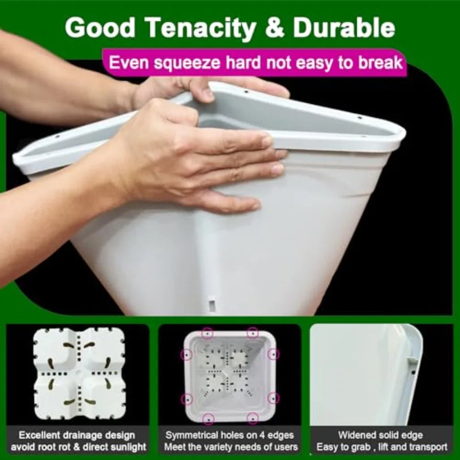Square white pot for indoor plants, durable plastic, 7x7 base and 9 tall, pack of 50
