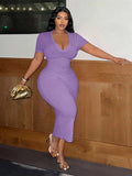 Women Plus Size V-Neck Short Sleeve Bodycon Midi Dress