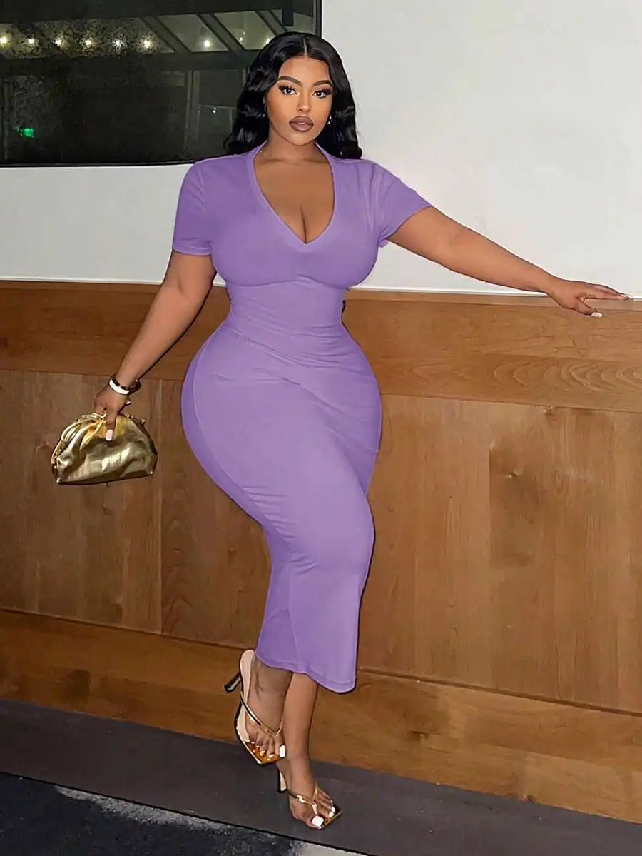 Women Plus Size V-Neck Short Sleeve Bodycon Midi Dress