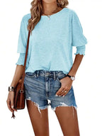 Women 3/4 Sleeve Solid Color Round Neck Loose Fit Top