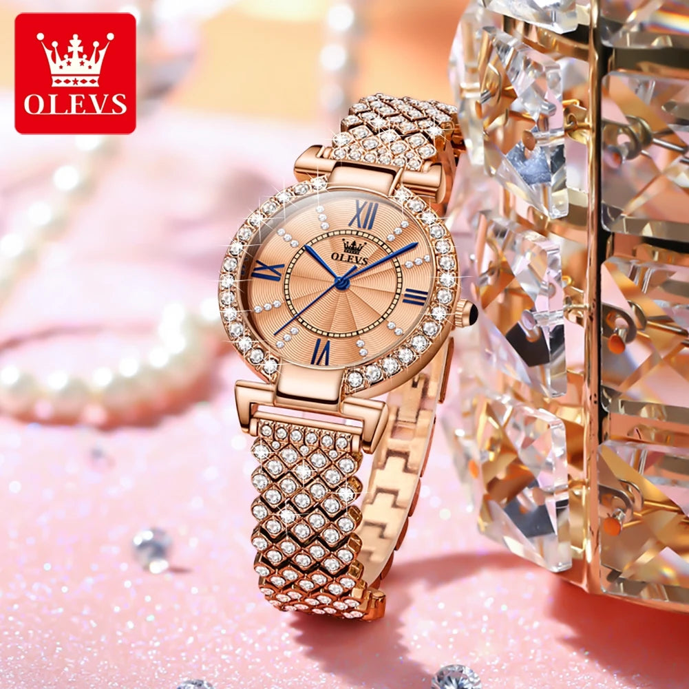 OLEVS 9942 Fashion Quartz Movement Watch For Women Full Of Diamond-set Strap Roman Scale Dial 30m Waterproof Luminous Watch