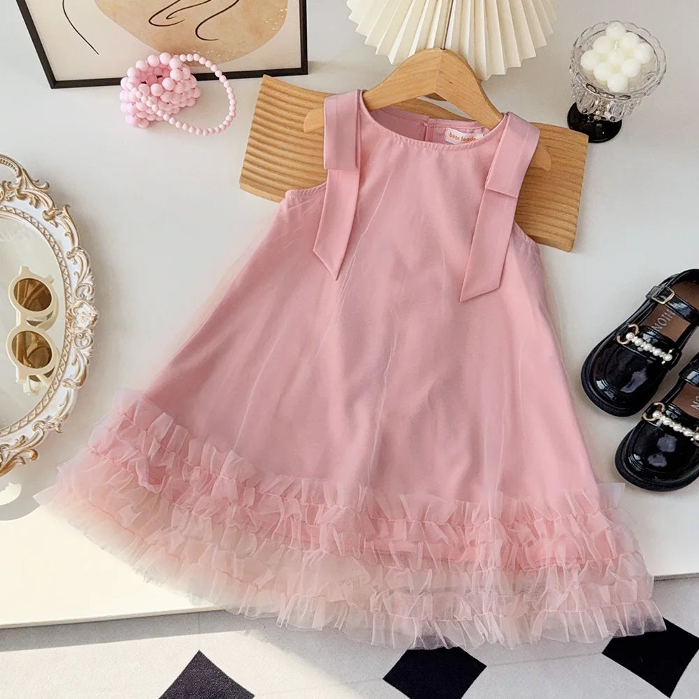 Bear Leader 2025 Korean Bow Sleeveless Mesh Princess Dress Baby Girl Wedding Party Birthday Easter Summer