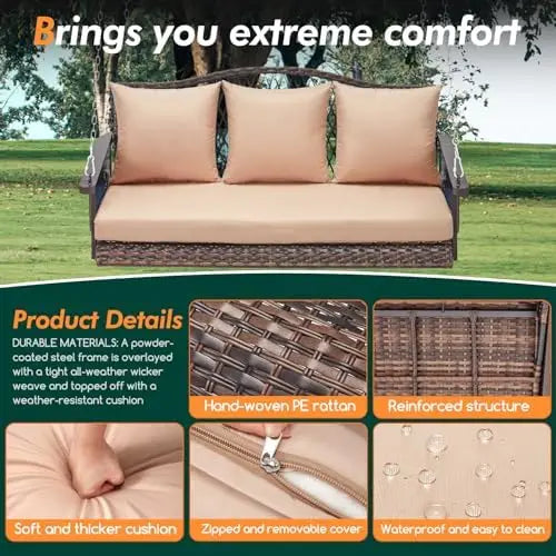 Upgraded Wicker Hanging Porch Swing Heavy Duty 900lbs 3-Seat Outdoor Patio Swing Chair Bench for Adult w/ 8.9ft Hanging