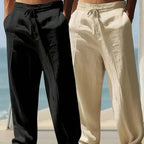 MenS Loose Fit Linen Casual Pants Elastic Waist Beige White