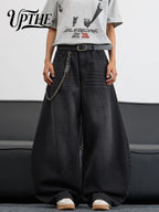 UP.THE Men's Black Baggy Wide Leg Jeans, Y2K Hip Hop Streetwear Denim Pants with Back Embroidery, Oversized Loose Skater Jeans for Street Activities