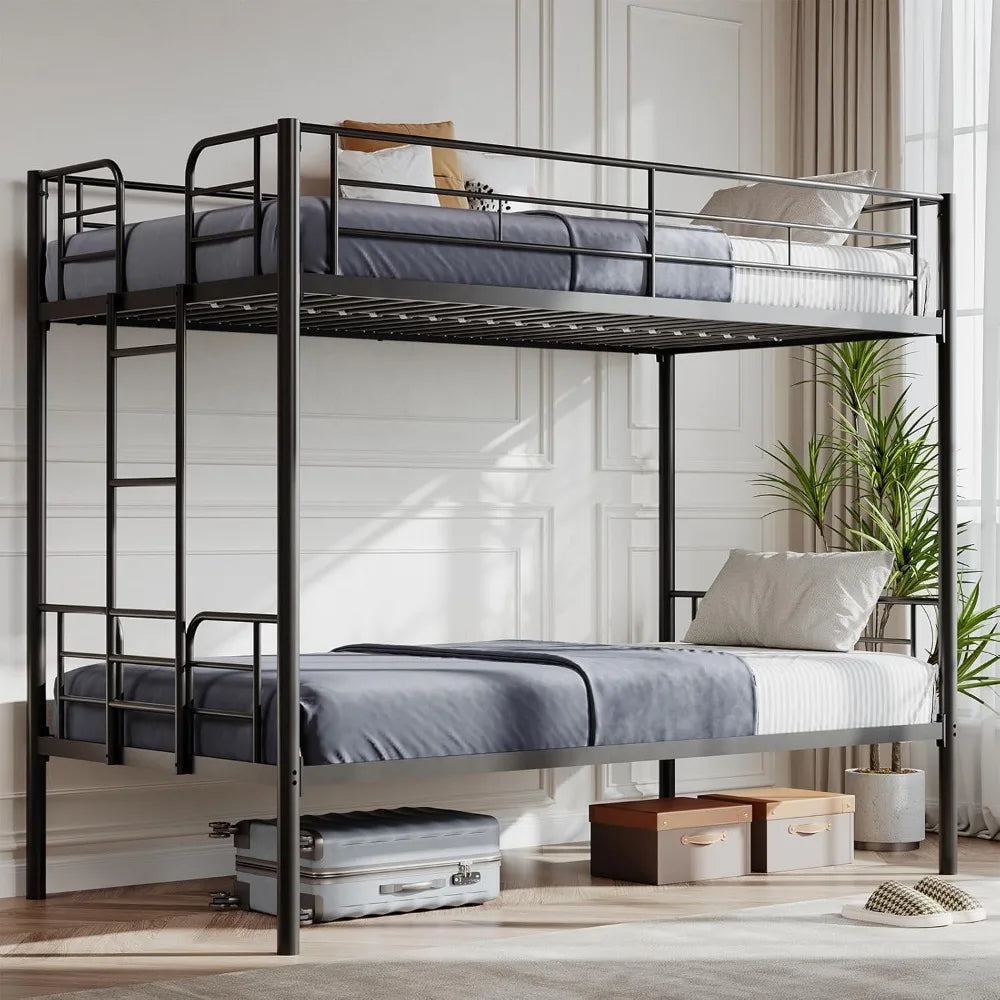 Metal Bunk Bed Frame Twin Over Twin with Ladder, High Guardrail, Heavy-Duty Slats, Under-Bed Storage, Noise-Free