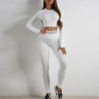Seamless Yoga Sets Sports Fitness High Waist Hip Raise Pants Long-Sleeved Backless Suit Workout Clothes Gym Shorts Set for Women