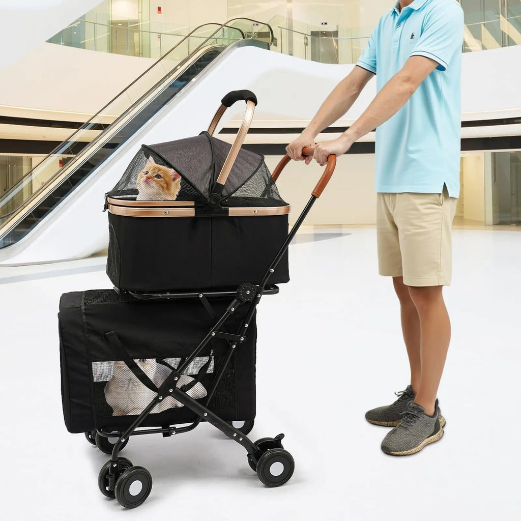 Black Two-Tier Dog and Cat Stroller, Foldable Stroller Dog Buggy Small Dogs, for Small and Medium-Sized Hu