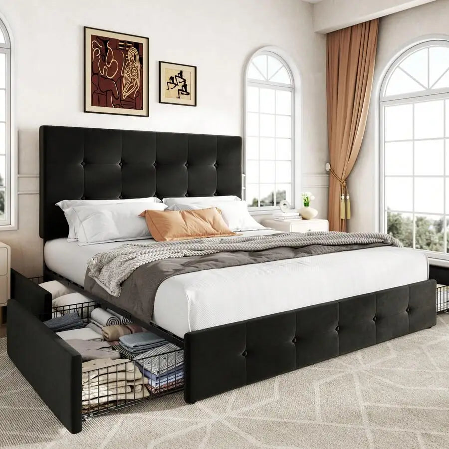 Full/Queen/King Platform Bed Frame With 4 Storage Drawers, Adjustable Headboard, Faux Leather Button Tufted Square Stitched Design, Wooden Slats, Noise-Free, No Box Spring Needed, Easy Assembly, Light Grey