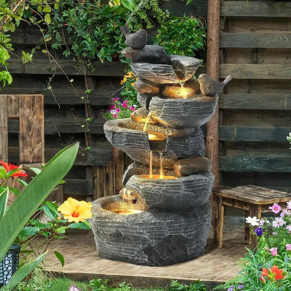 5-Tier Cascading Rock Fountain with 4 LED Lights - Outdoor Waterfall for Garden, Patio, Yard, and Deck Decor