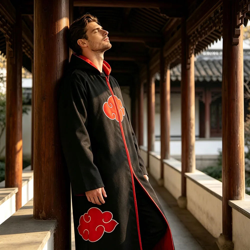 Anime Red Cloud Cosplay Cloak Black Long Robe Hood Stand Collar Halloween Carnival Party Stage Performance Costume for Men Women