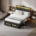 Queen Bed Frame with Charging Station and LED Lights, Grey Upholstered Headboard with Shelves, Metal Platform Bed with 2 UnderB