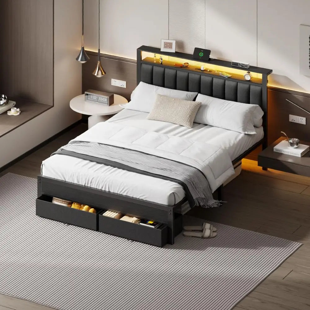 Queen Bed Frame with Charging Station and LED Lights, Grey Upholstered Headboard with Shelves, Metal Platform Bed with 2 UnderB