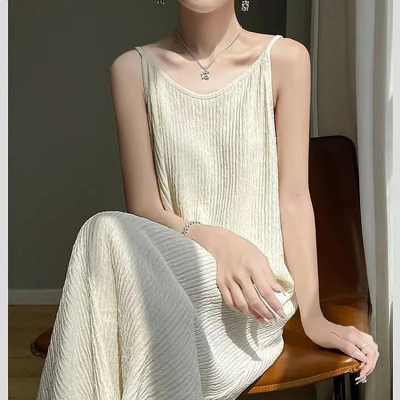 Original Black White Chiba Pleated Suspender Slimming Dress Women Casual Loose Drooping All-Match Dress