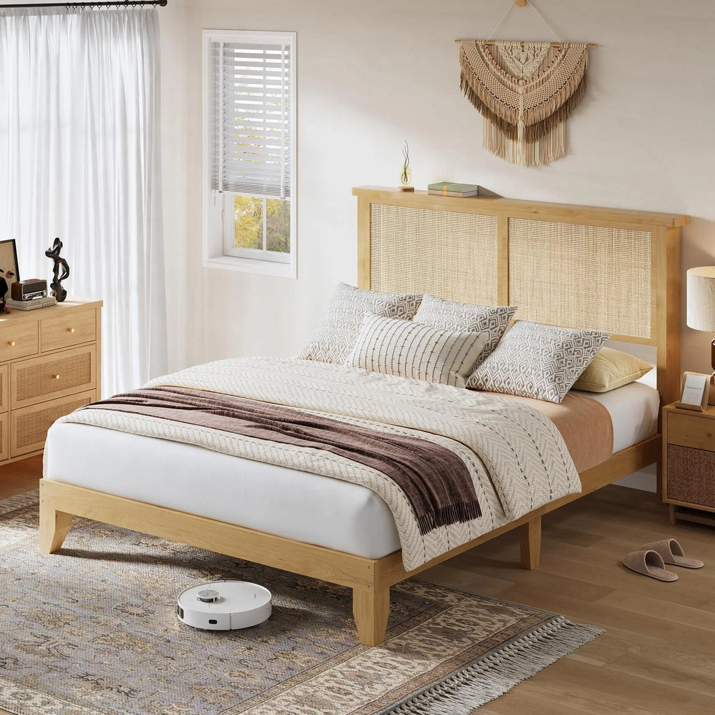Queen Size Rattan Bed Frame with LED Lights, Boho Platform Bed with Rattan Headboard, Wooden Slats Support, No Box Spring Needed, Noise-Free, Easy Assembly, for Bedroom