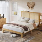 Queen Size Rattan Bed Frame with LED Lights, Boho Platform Bed with Rattan Headboard, Wooden Slats Support, No Box Spring Needed, Noise-Free, Easy Assembly, for Bedroom