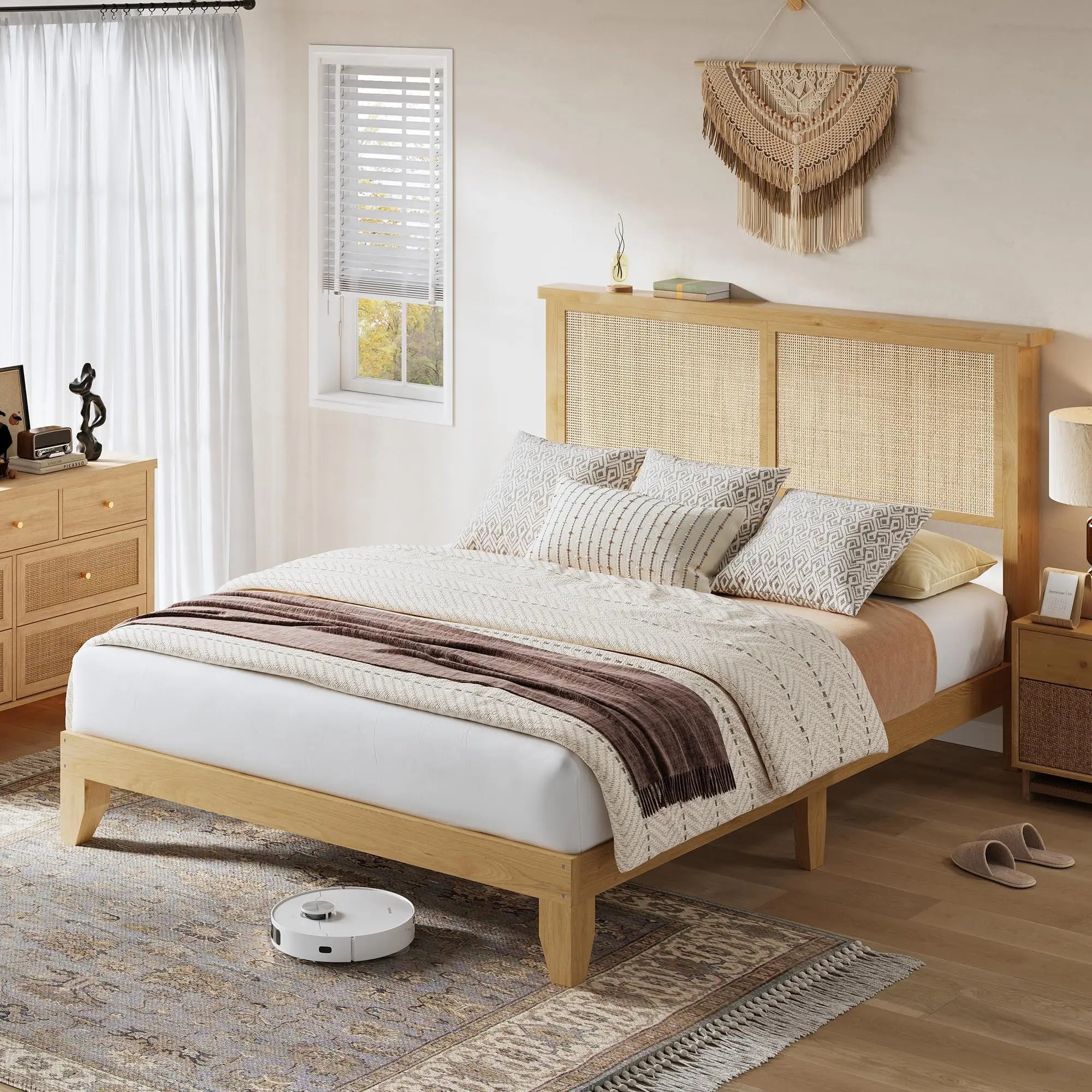 Queen Size Rattan Bed Frame with LED Lights, Boho Platform Bed with Rattan Headboard, Wooden Slats Support, No Box Spring Needed, Noise-Free, Easy Assembly, for Bedroom