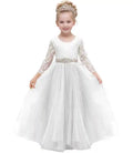 Flower Girl Dresses for Wedding, Silver Tulle White Lace Long Sleeve Backless Gown, Girls Princess Formal Pageant Dress for Toddlers Kids