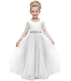 Flower Girl Dresses for Wedding, Silver Tulle White Lace Long Sleeve Backless Gown, Girls Princess Formal Pageant Dress for Toddlers Kids