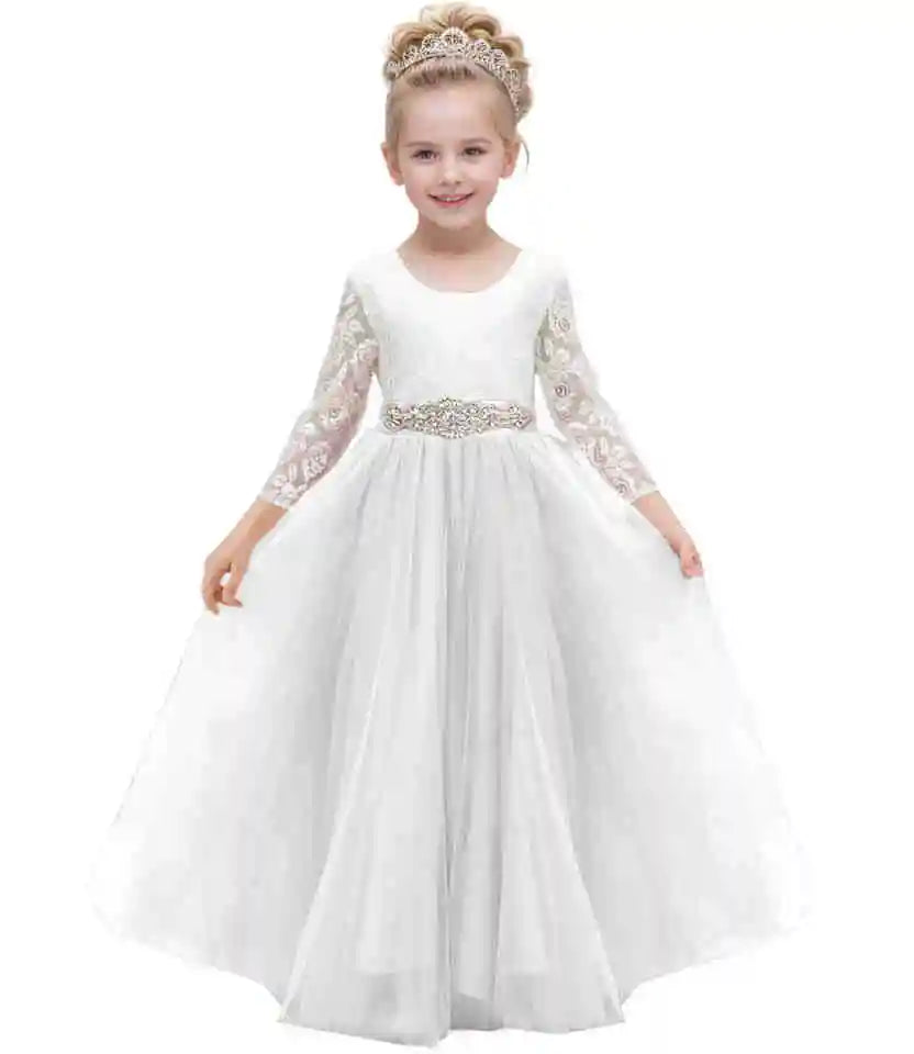 Flower Girl Dresses for Wedding, Silver Tulle White Lace Long Sleeve Backless Gown, Girls Princess Formal Pageant Dress for Toddlers Kids