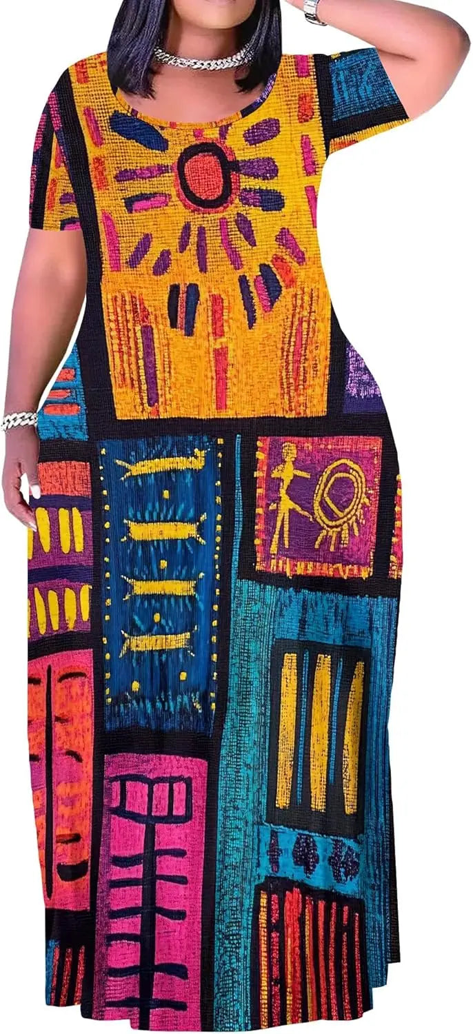 Plus Size Maxi Dress for Women Summer Casual Short Sleeve Tshirt Dresses with Pockets (XL-6XL)