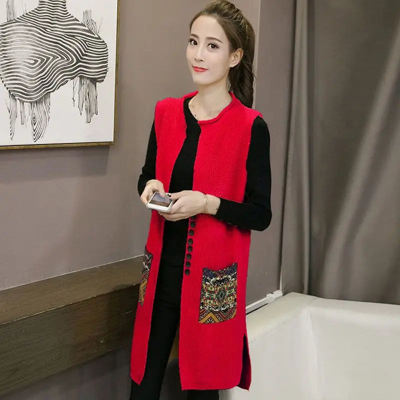 Spring and Autumn New Loose Vest Mid-Length Cardigan Women's Knitwear Sleeveless Vest Jacket