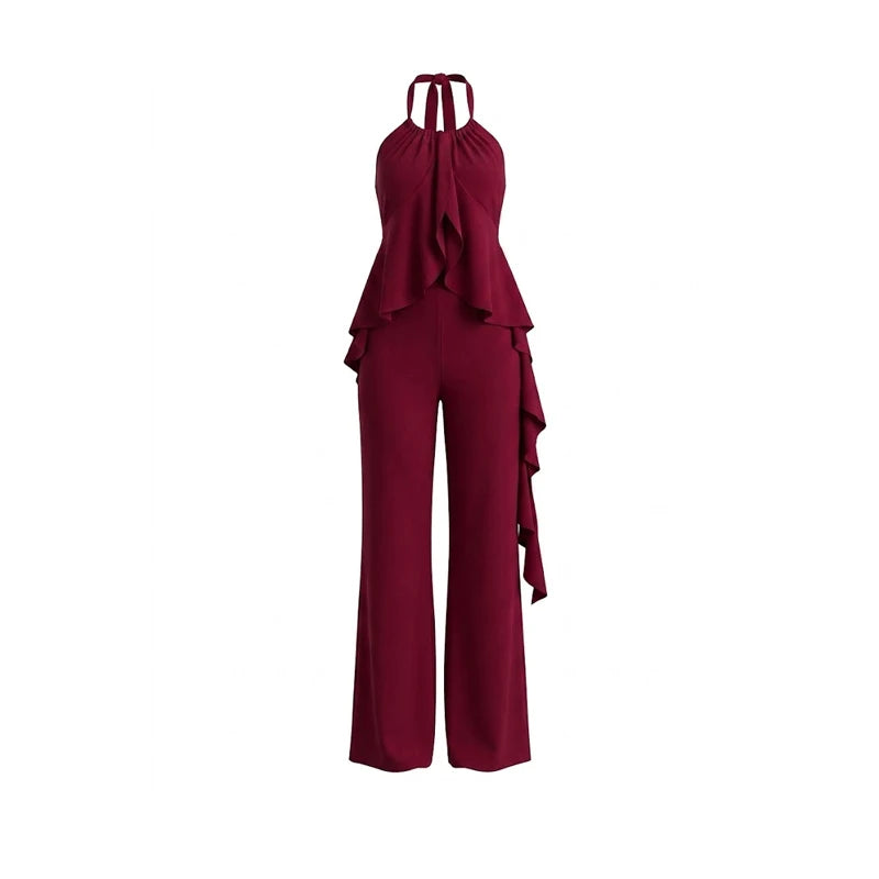 2-Piece Wine Red Halter Neck Ruffle Chiffon Top Wide Leg Pants Elegant Women Party Banquet Outfit