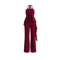 2-Piece Wine Red Halter Neck Ruffle Chiffon Top Wide Leg Pants Elegant Women Party Banquet Outfit
