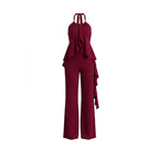 2-Piece Wine Red Halter Neck Ruffle Chiffon Top Wide Leg Pants Elegant Women Party Banquet Outfit