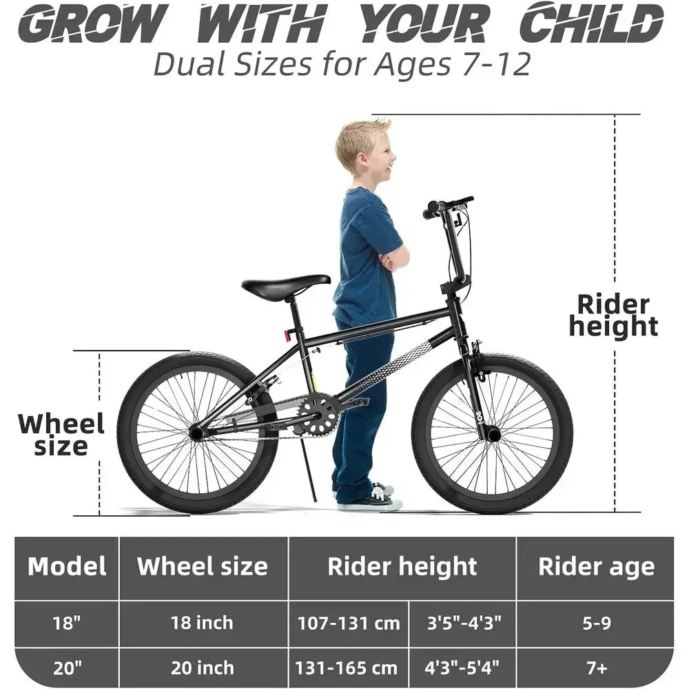 Youth BMX Bike 18-20 Inch, Ages 8-12, Adjustable Seat, Front & Rear U-Brakes, 2.09 Wide Tires