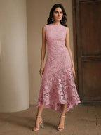 Womens Elegant Round Neck Lace Hollow-Out Patchwork Midi Dress Spring Summer