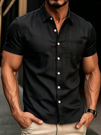 Men Slim Fit White Linen Short Sleeve Shirt Point Collar Chest Pocket Full Button Down Lightweight Textured Breathable Summer Business Casual Top