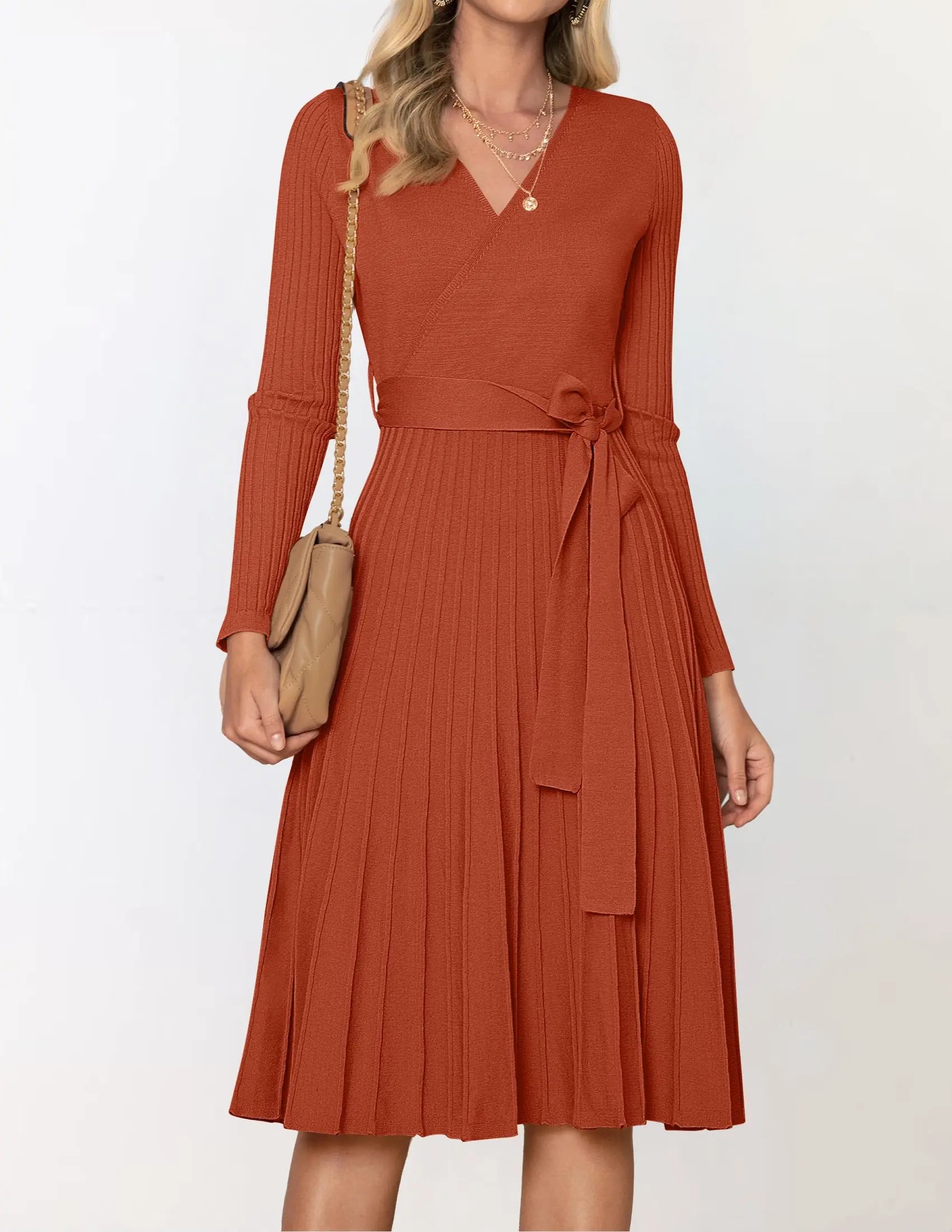 Womens Long Sleeve Wrap V Neck Ribbed Knit Pleated A-Line Sweater Dress With Belt