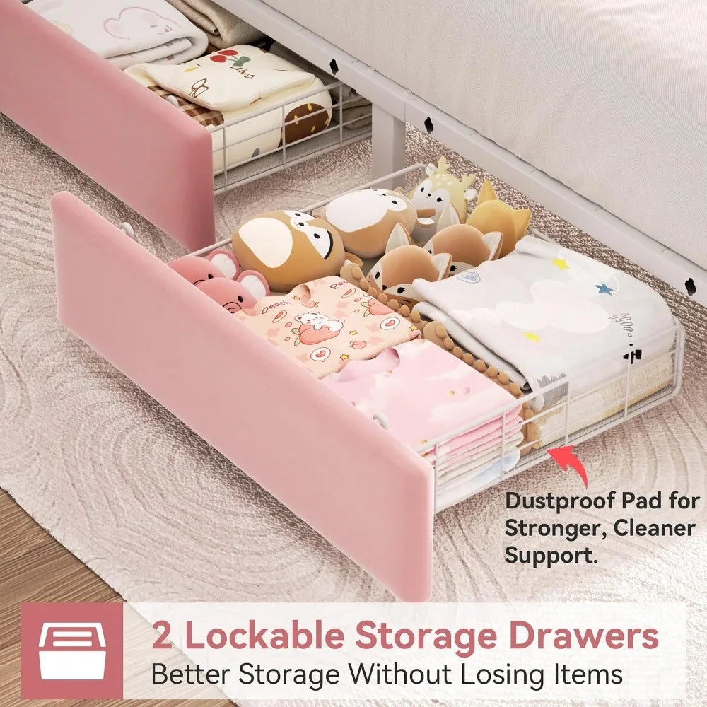 Twin Upholstered LED Bed Frame with 2 Storage Drawers and 2-Tier Bookcase Headboard, Velvet Platform Bed, Heavy Duty Metal Support, No Box Spring Needed