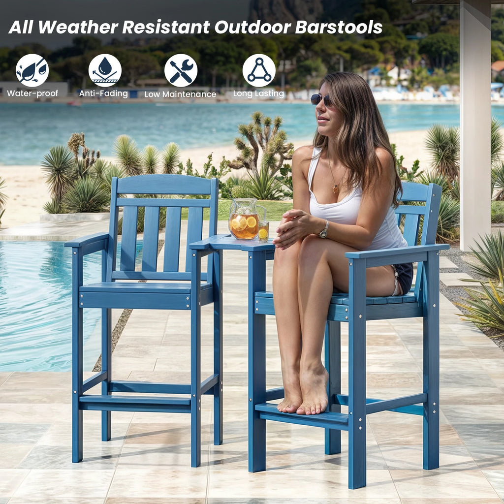 Farini Set of 2 Tall Adirondack Chairs, HDPE Bar Stools with Connecting Tray, All-Weather Patio Chair, Bar Height for Balcony