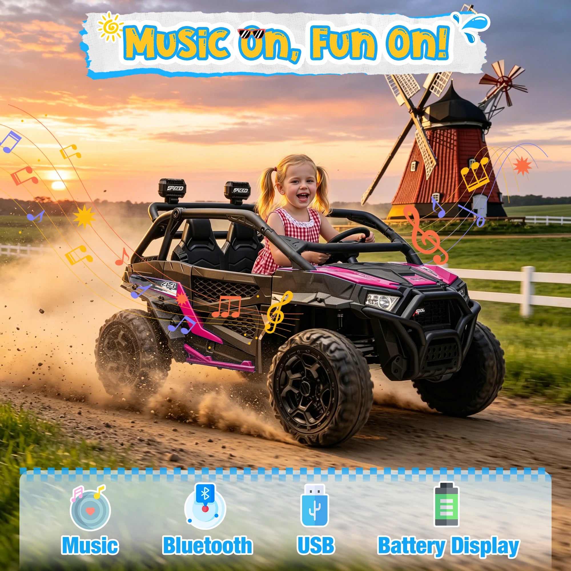 Joyracer 24V 4WD Kids Ride-On UTV, 4-Wheel Shock Absorption, Key Start, Slow Start, Music And LED Lights, 60-80 Mins Ride Time