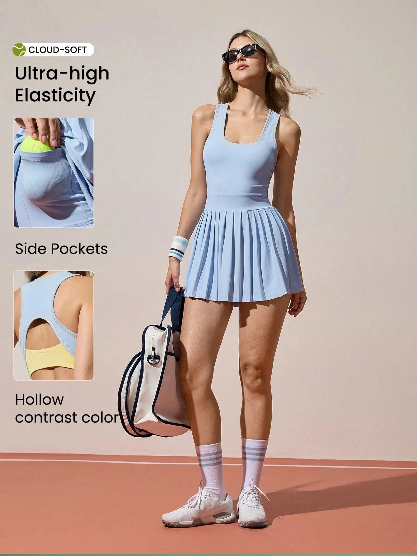 Women Summer Sleeveless Tennis Dress Stretchy U-Collar Mini Pleated Sundress with Inner Shorts, Comfy Casual Sport Dress with Pocket for Running Yoga Golf